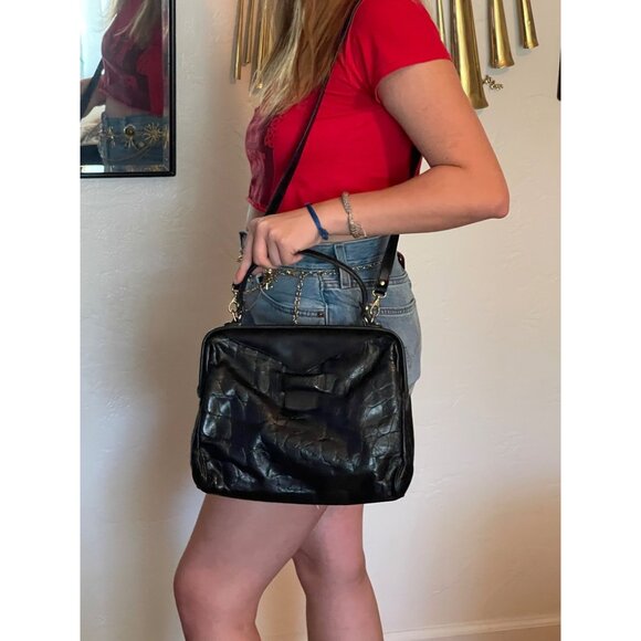 VTG Franco Godi Italia Black Crocodile Embossed Leather Satchel Style Handbag - Picture 1 of 16